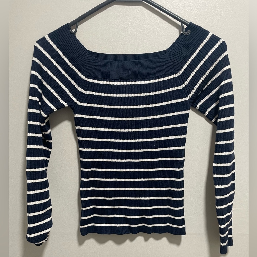 Abercrombie Navy and White Striped Off the Shoulder Sweater